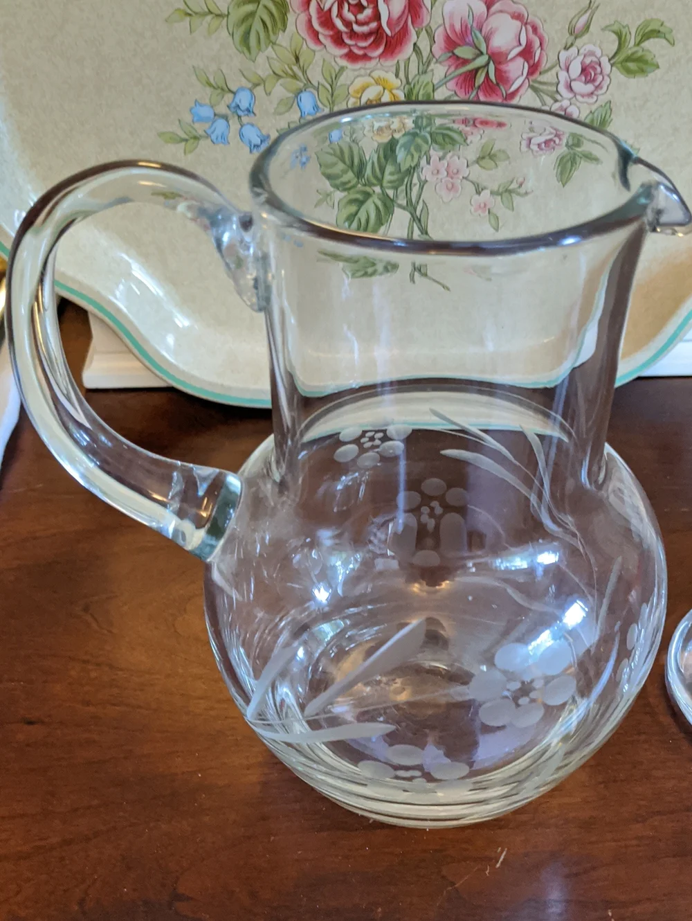 Vintage Floral Etched Glass Water Pitcher With Lid 7 Inches Tall